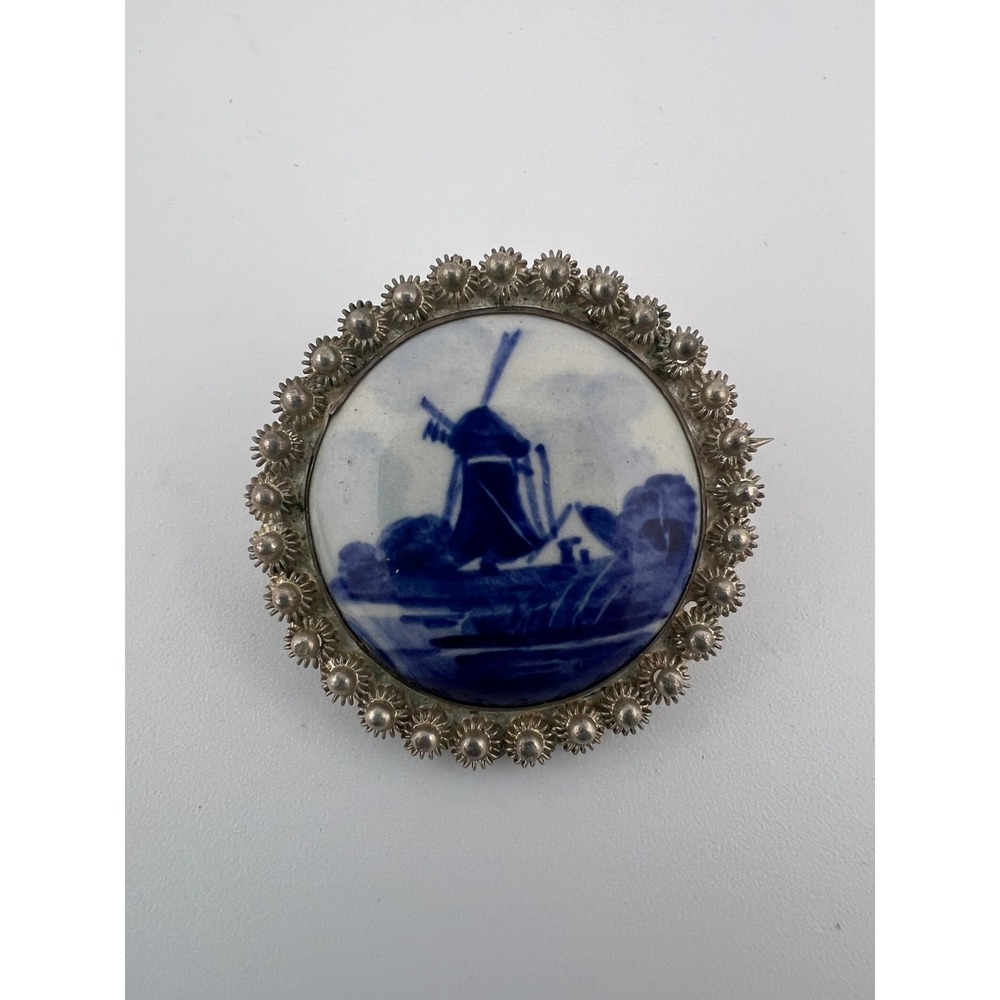 Delft Holland Marked Blue White Windmill Brooch Silver Tone Round Frame